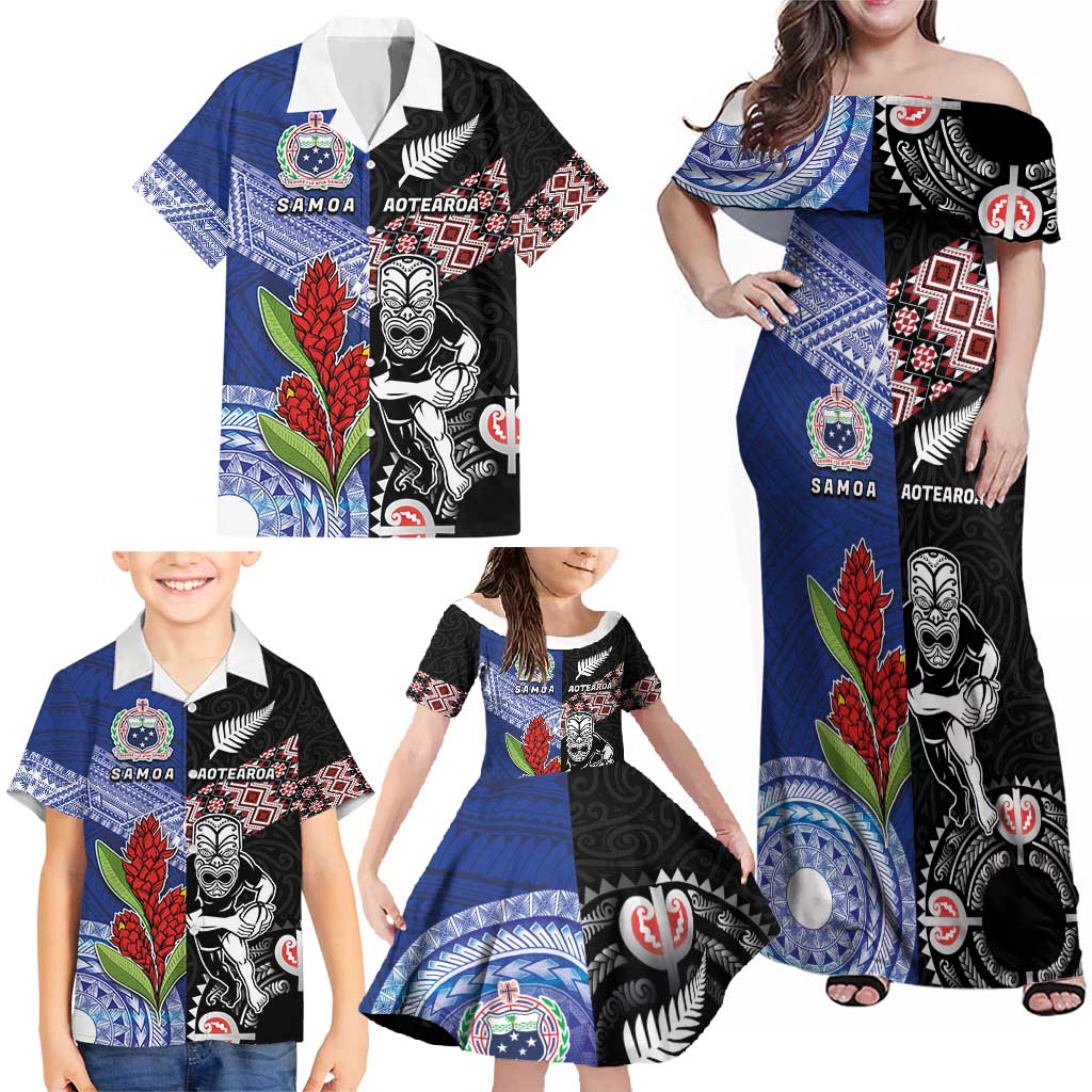 Custom Aotearoa and Samoa Rugby Family Matching Off Shoulder Maxi Dress and Hawaiian Shirt Maori Warrior and Teuila Emblem-Tatau with Taniko Art