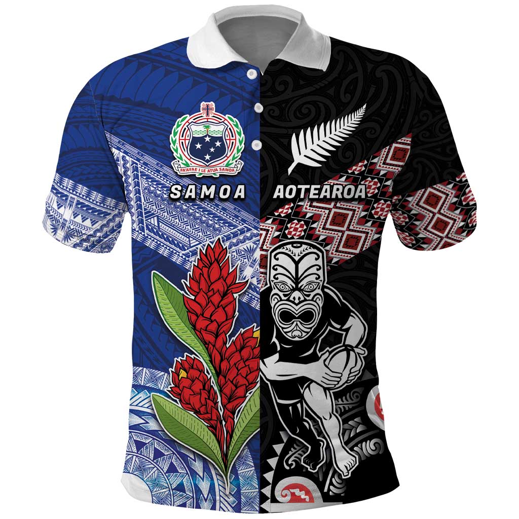 Custom Aotearoa and Samoa Rugby Polo Shirt Maori Warrior and Teuila Emblem-Tatau with Taniko Art LT03 Black - Polynesian Pride