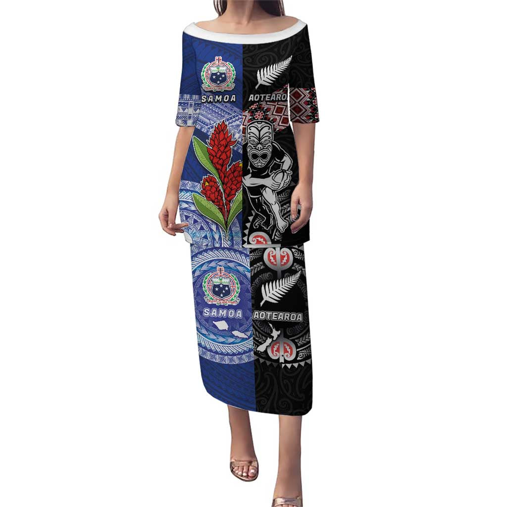 Custom Aotearoa and Samoa Rugby Puletasi Maori Warrior and Teuila Emblem-Tatau with Taniko Art LT03 Long Dress Black - Polynesian Pride