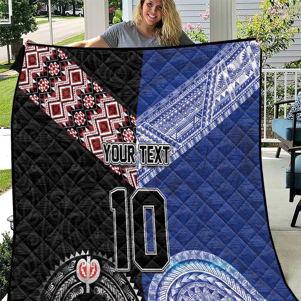 Custom Aotearoa and Samoa Rugby Quilt Maori Warrior and Teuila Emblem-Tatau with Taniko Art LT03 Black - Polynesian Pride