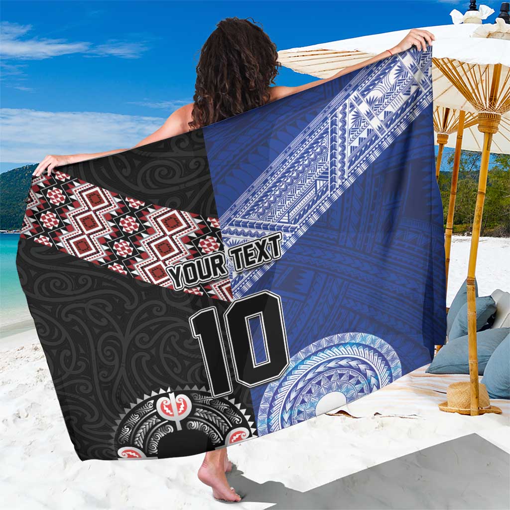 Custom Aotearoa and Samoa Rugby Sarong Maori Warrior and Teuila Emblem-Tatau with Taniko Art LT03 One Size 44 x 66 inches Black - Polynesian Pride
