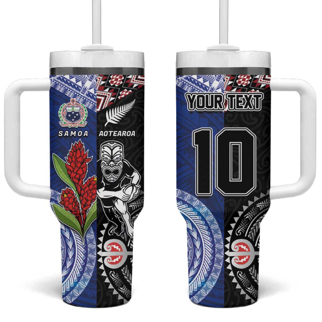 Custom Aotearoa and Samoa Rugby Tumbler With Handle Maori Warrior and Teuila Emblem-Tatau with Taniko Art LT03 One Size: 40 oz Black - Polynesian Pride