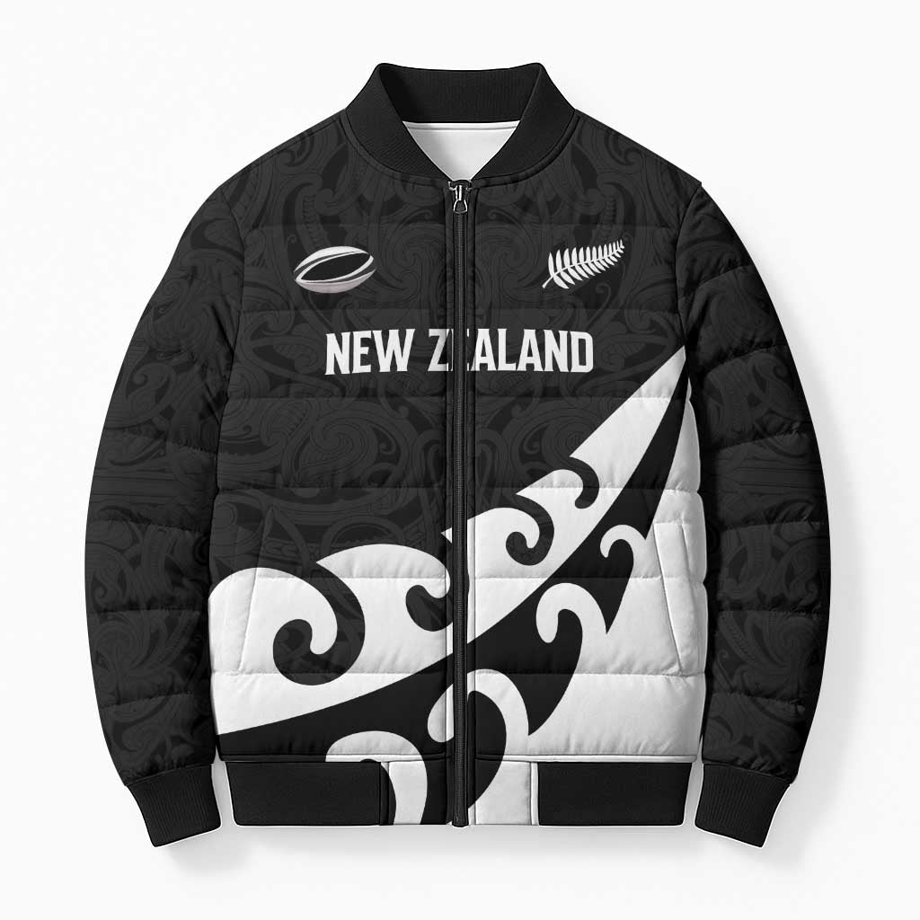 Custom NZ Rugby Bomber Puffer Jacket Koru and Silver Fern Sporty Style LT03 Unisex Black - Polynesian Pride