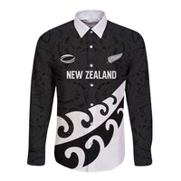 Custom NZ Rugby Long Sleeve Button Shirt Koru and Silver Fern Sporty Style LT03 Unisex Black - Polynesian Pride