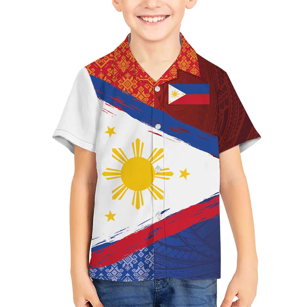 Philippines National Flag Day Kid Hawaiian Shirt Polynesian and Yakan Tattoo Brush Style LT03 Kid Red - Polynesian Pride