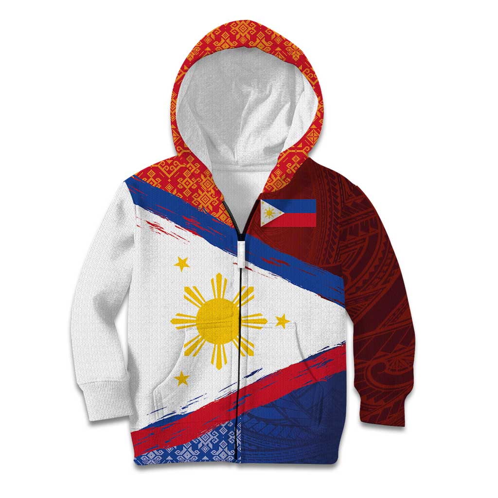 Philippines National Flag Day Kid Hoodie Polynesian and Yakan Tattoo Brush Style LT03 Zip Hoodie Red - Polynesian Pride