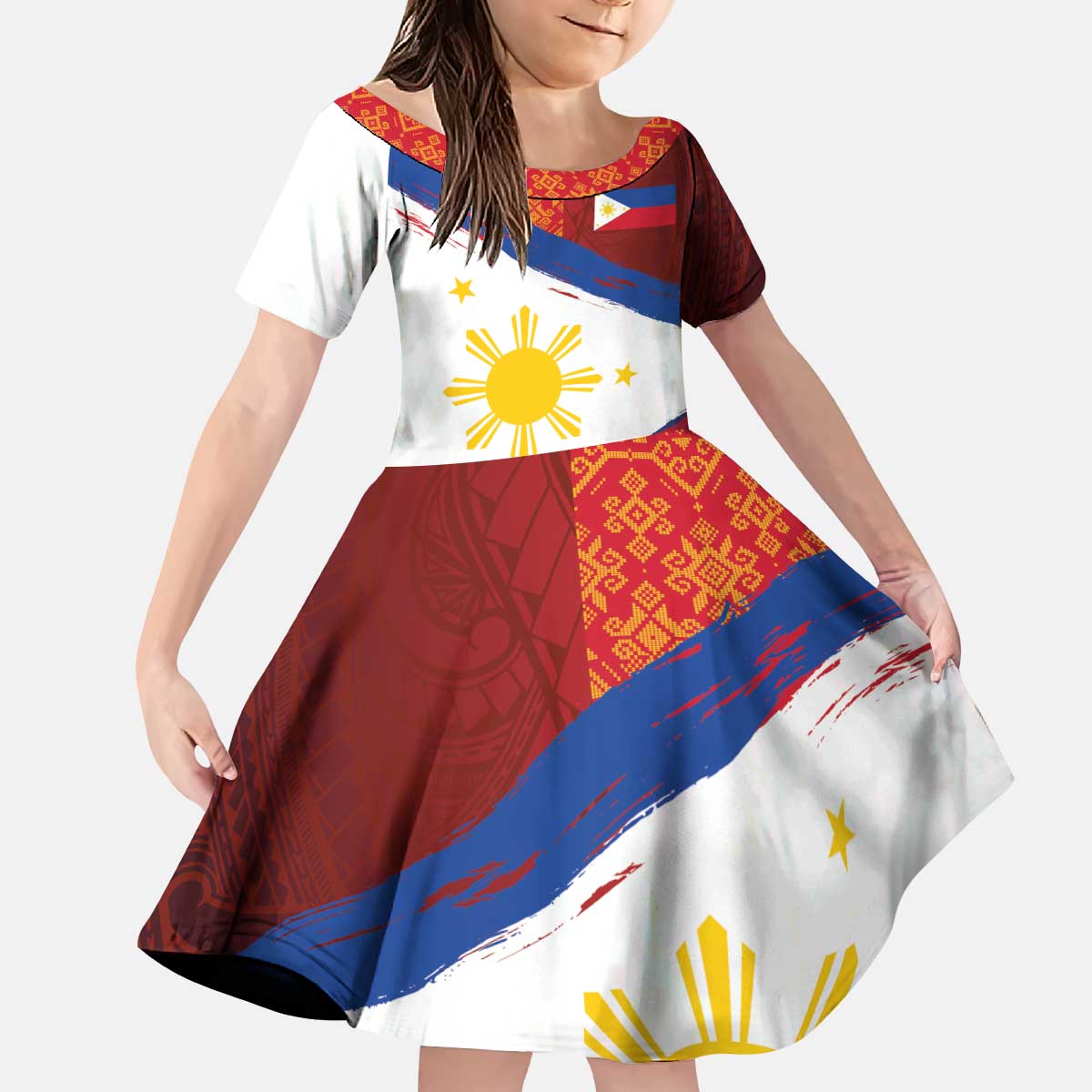 Philippines National Flag Day Kid Short Sleeve Dress Polynesian and Yakan Tattoo Brush Style LT03 KID Red - Polynesian Pride