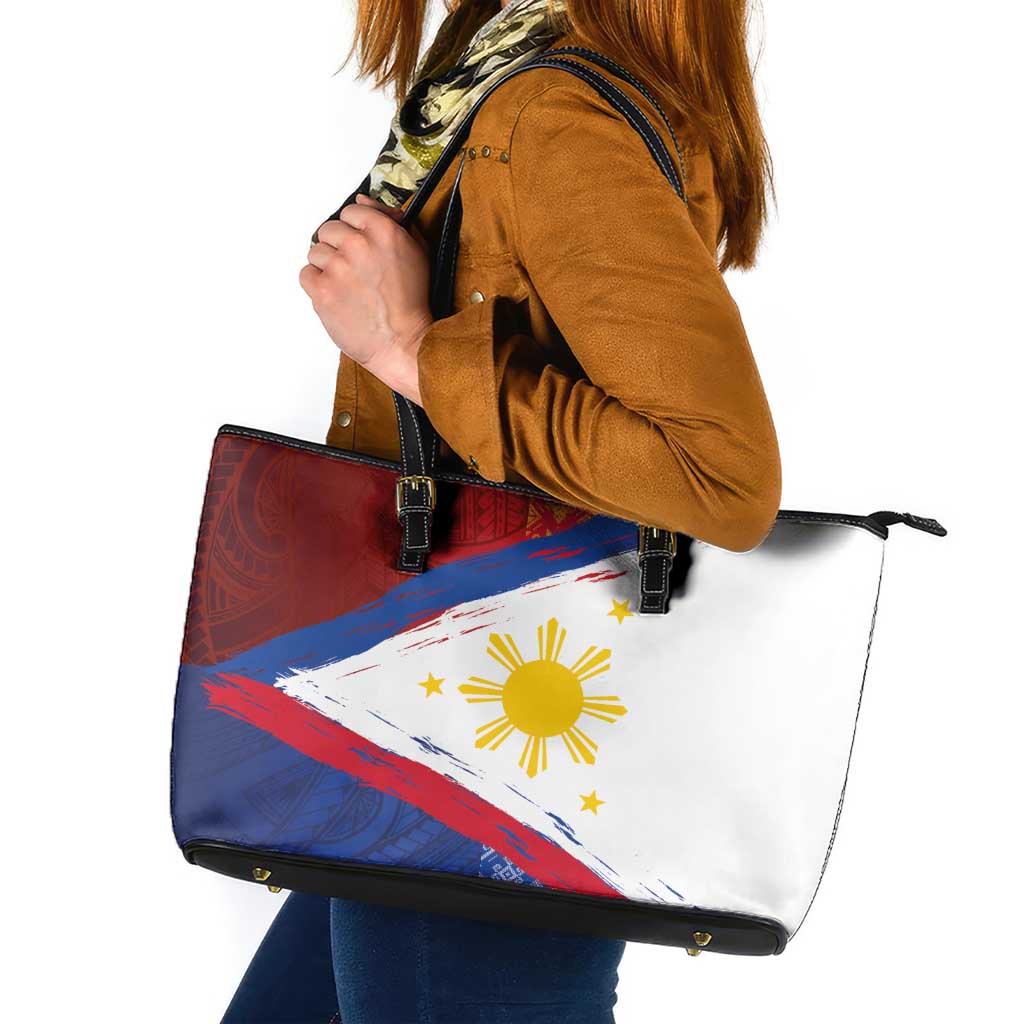 Philippines National Flag Day Leather Tote Bag Polynesian and Yakan Tattoo Brush Style LT03 Red - Polynesian Pride
