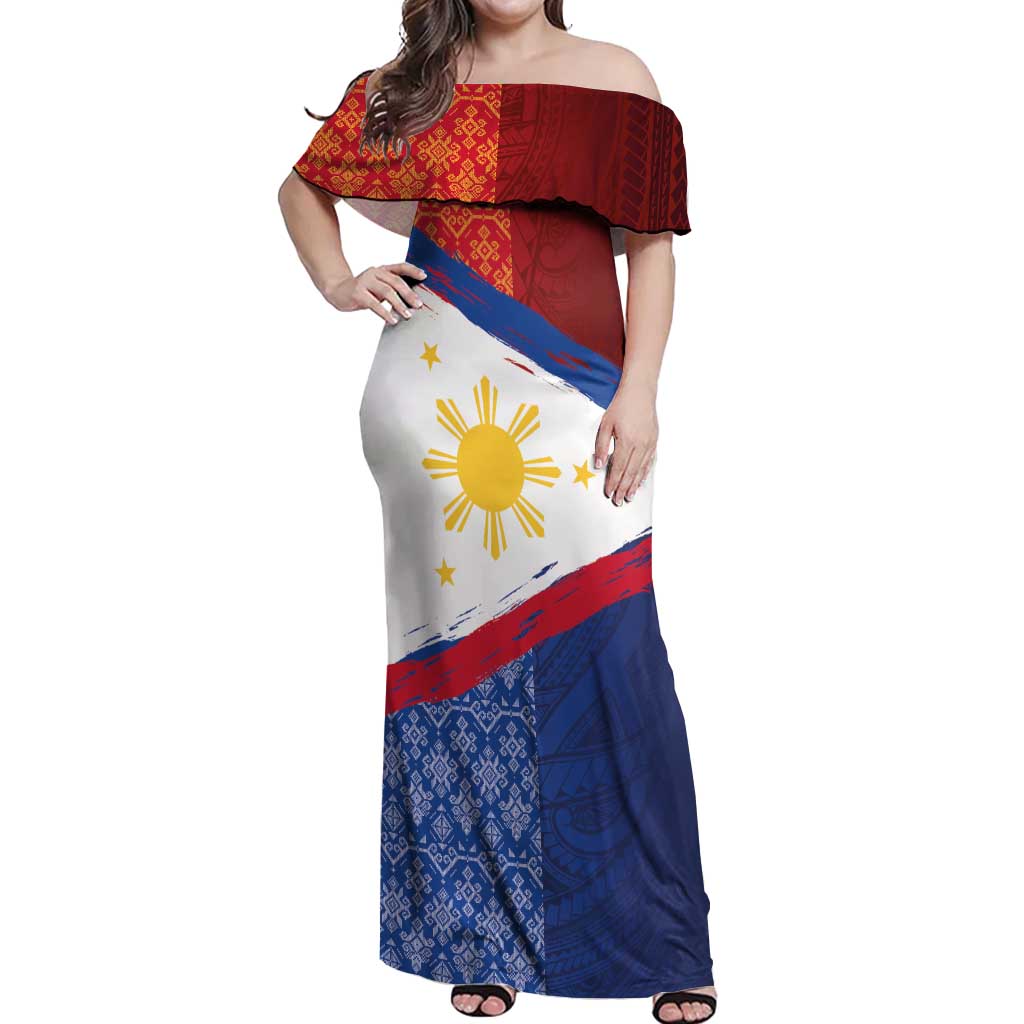 Philippines National Flag Day Off Shoulder Maxi Dress Polynesian and Yakan Tattoo Brush Style LT03 Women Red - Polynesian Pride