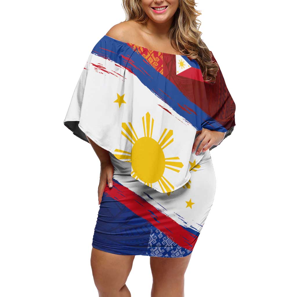 Philippines National Flag Day Off Shoulder Short Dress Polynesian and Yakan Tattoo Brush Style LT03 Women Red - Polynesian Pride