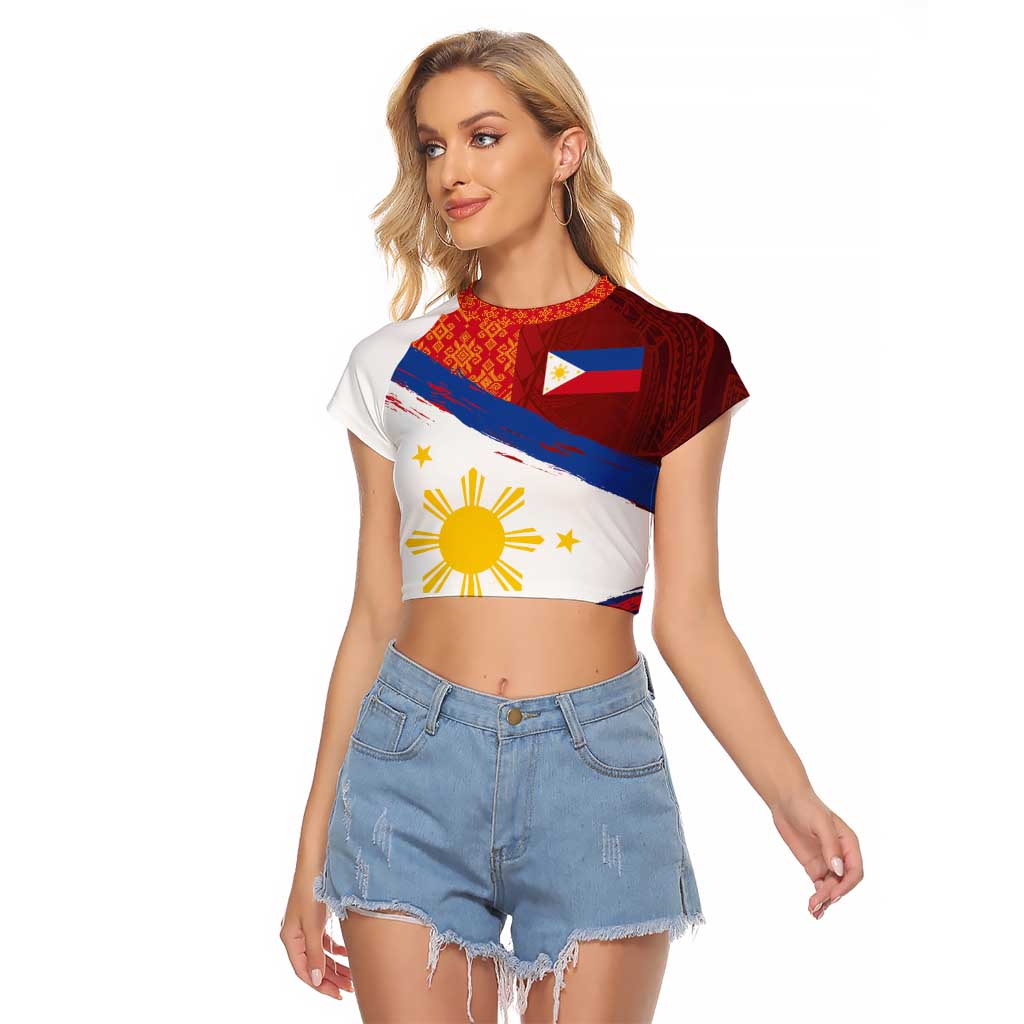 Philippines National Flag Day Raglan Cropped T Shirt Polynesian and Yakan Tattoo Brush Style LT03 Female Red - Polynesian Pride