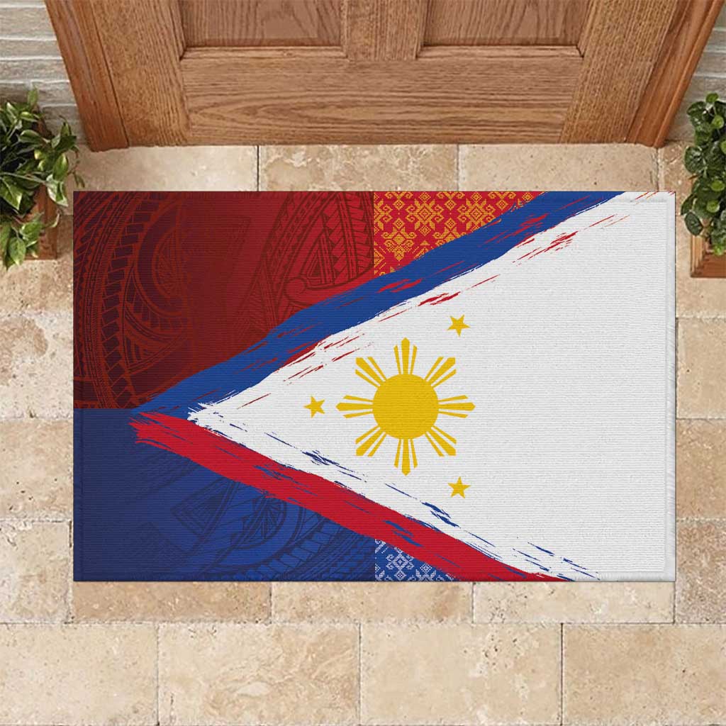 Philippines National Flag Day Rubber Doormat Polynesian and Yakan Tattoo Brush Style LT03 Red - Polynesian Pride