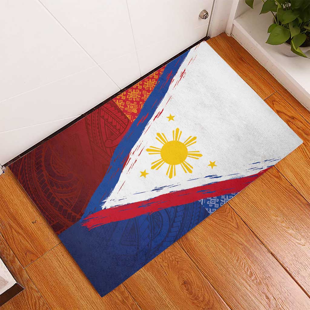 Philippines National Flag Day Rubber Doormat Polynesian and Yakan Tattoo Brush Style LT03 - Polynesian Pride