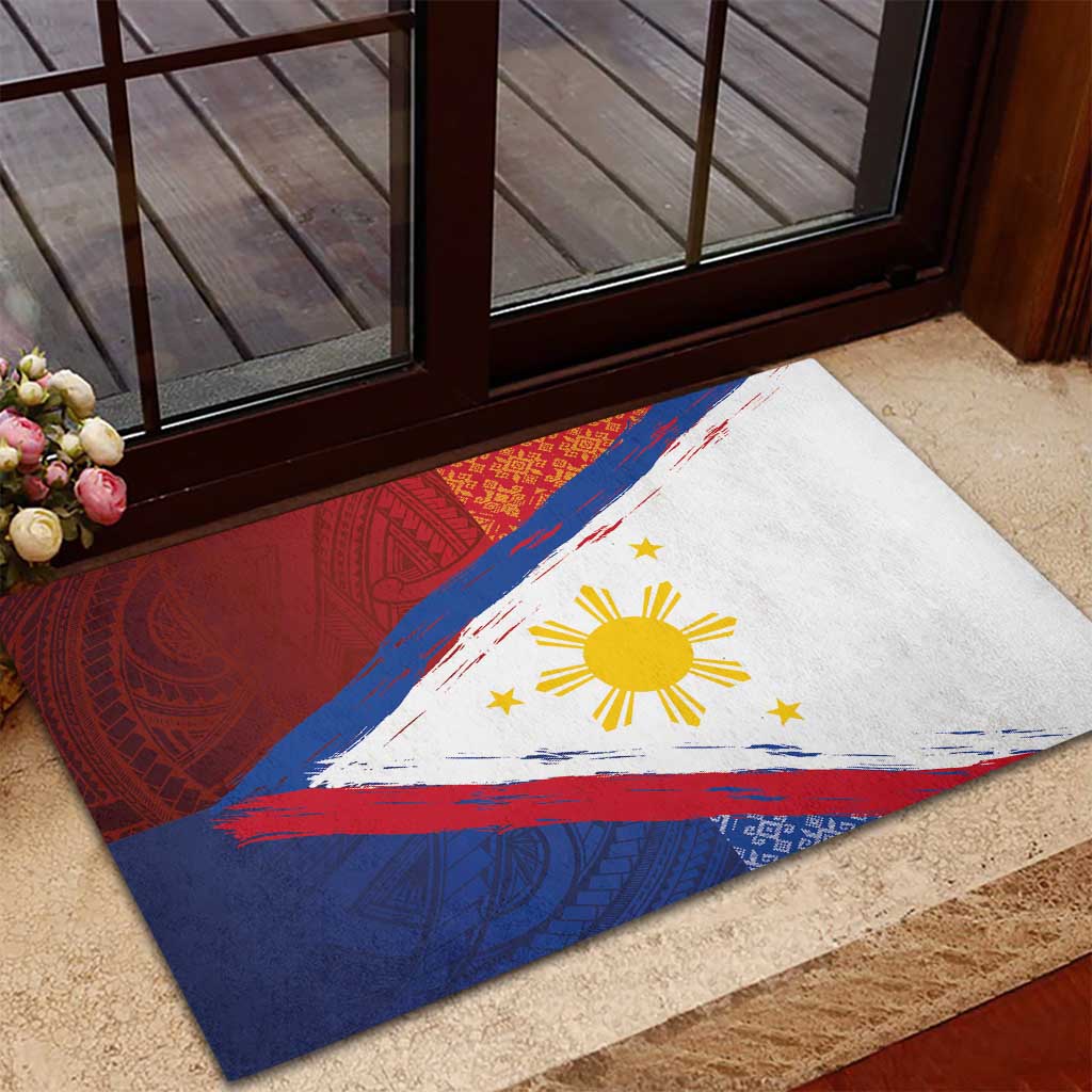 Philippines National Flag Day Rubber Doormat Polynesian and Yakan Tattoo Brush Style LT03 - Polynesian Pride