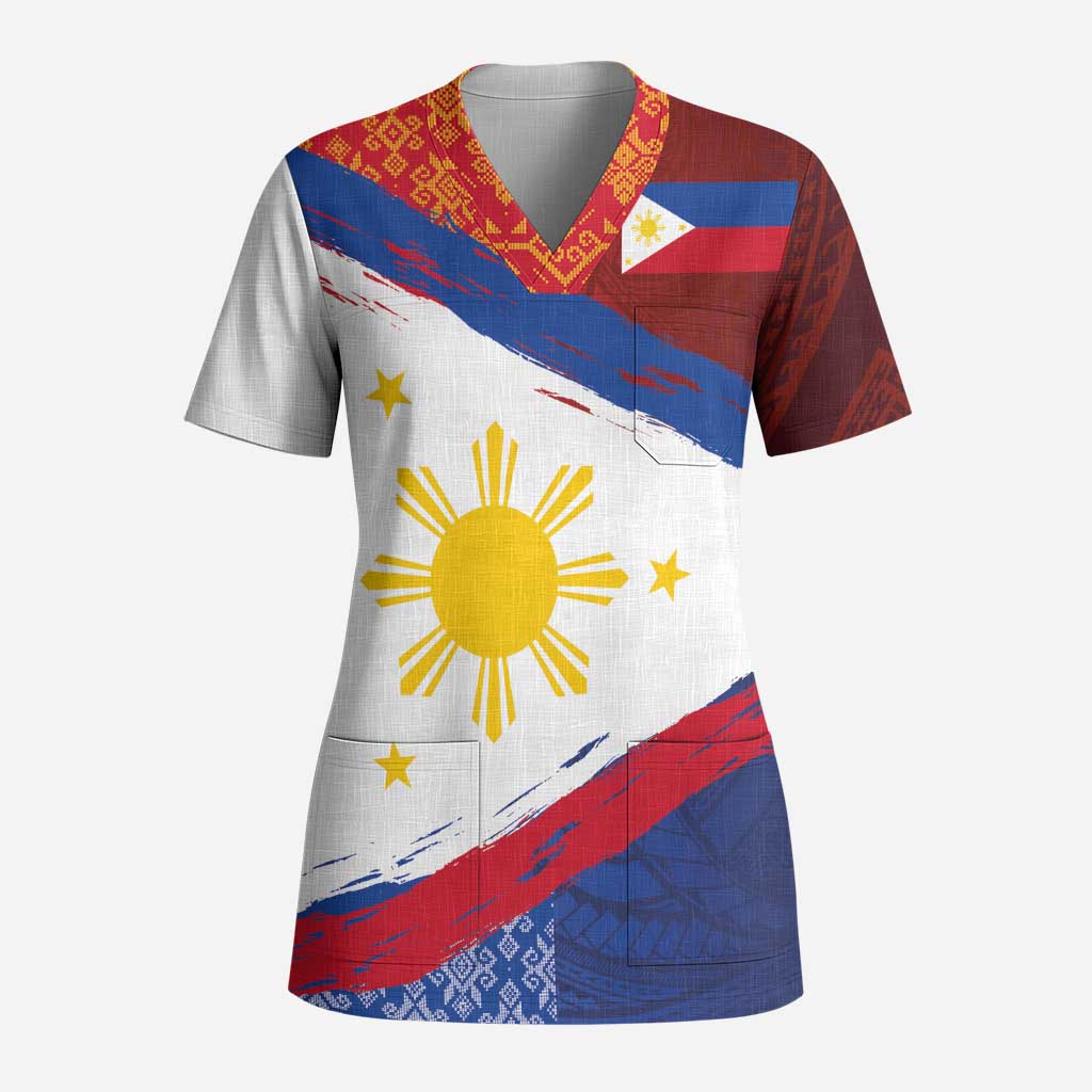 Philippines National Flag Day Scrub Top Polynesian and Yakan Tattoo Brush Style LT03 Adult Red - Polynesian Pride