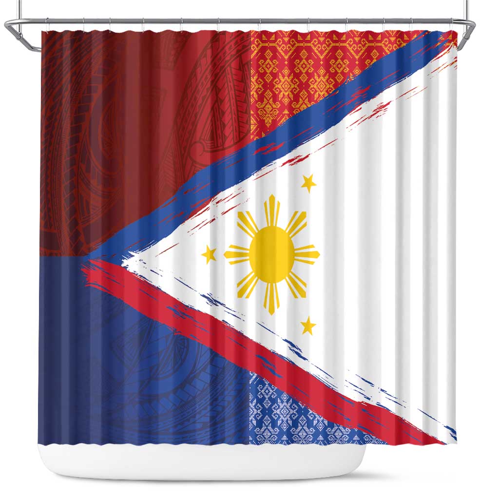 Philippines National Flag Day Shower Curtain Polynesian and Yakan Tattoo Brush Style LT03 Red - Polynesian Pride