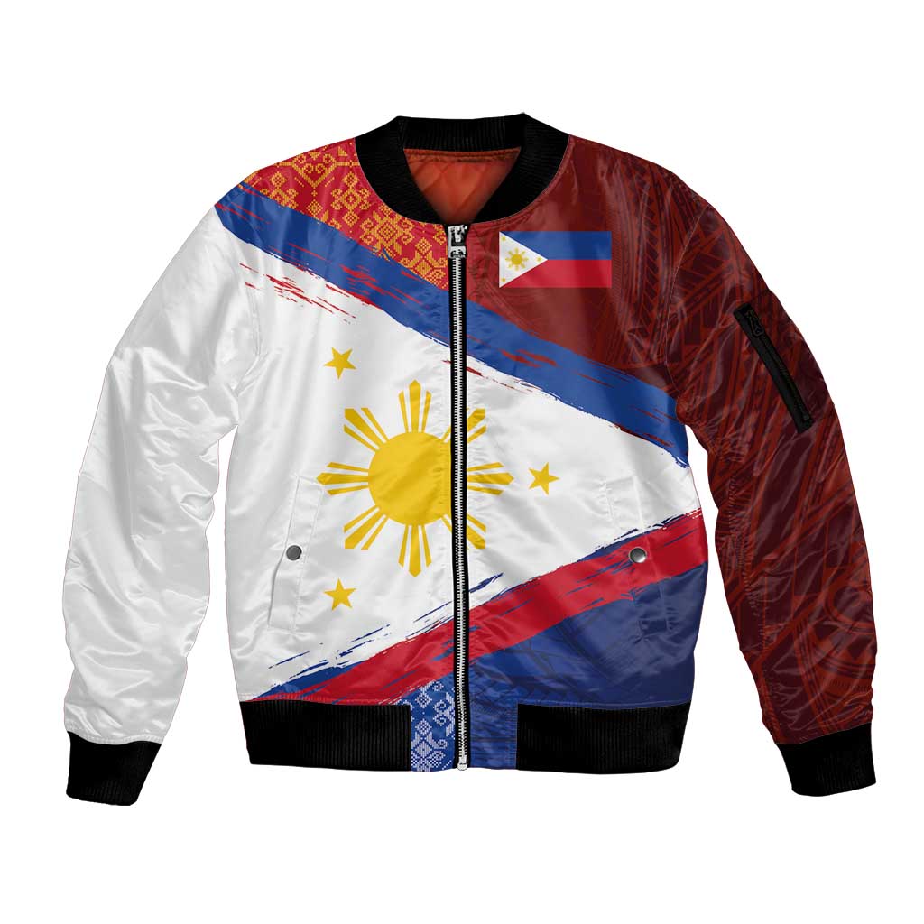 Philippines National Flag Day Sleeve Zip Bomber Jacket Polynesian and Yakan Tattoo Brush Style LT03 Unisex Red - Polynesian Pride