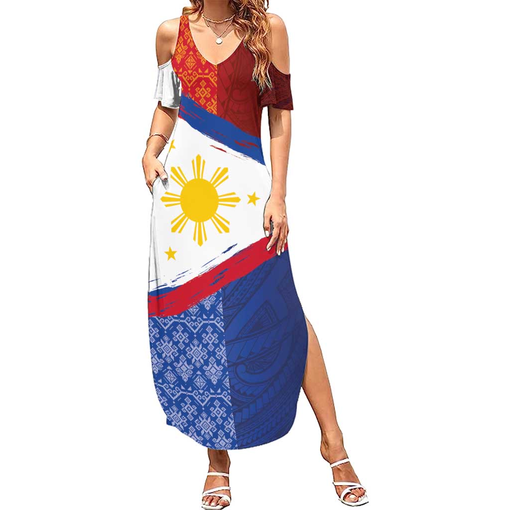 Philippines National Flag Day Summer Maxi Dress Polynesian and Yakan Tattoo Brush Style LT03 Women Red - Polynesian Pride