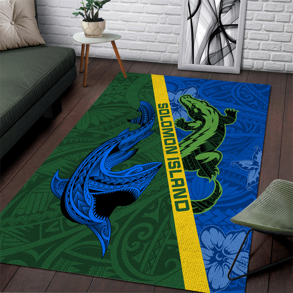 Solomon Island Crocodile and Shark Area Rug Polynesian Pattern LT03 Blue - Polynesian Pride