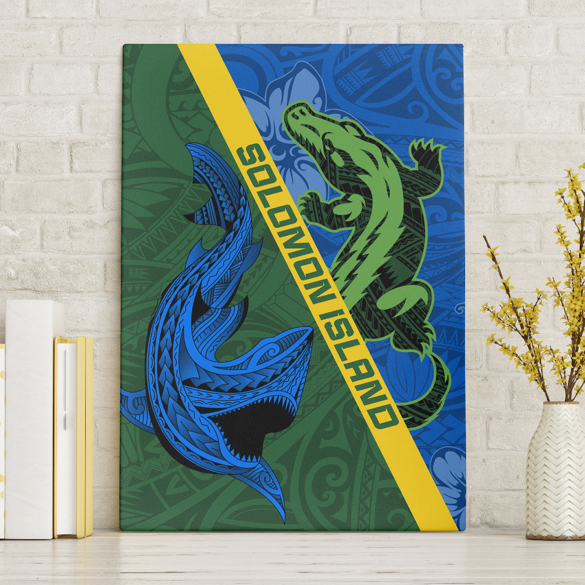 Solomon Island Crocodile and Shark Canvas Wall Art Polynesian Pattern LT03 Without Frame Blue - Polynesian Pride