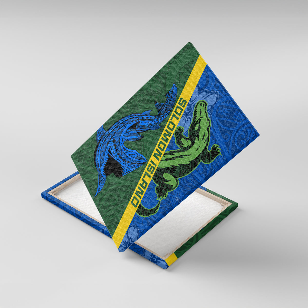 Solomon Island Crocodile and Shark Canvas Wall Art Polynesian Pattern LT03 With Frame Blue - Polynesian Pride