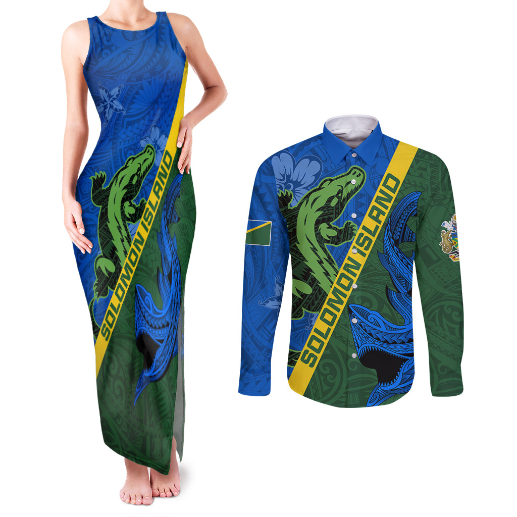 Solomon Island Crocodile and Shark Couples Matching Tank Maxi Dress and Long Sleeve Button Shirt Polynesian Pattern