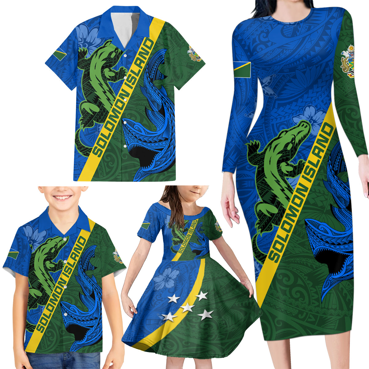 Solomon Island Crocodile and Shark Family Matching Long Sleeve Bodycon Dress and Hawaiian Shirt Polynesian Pattern