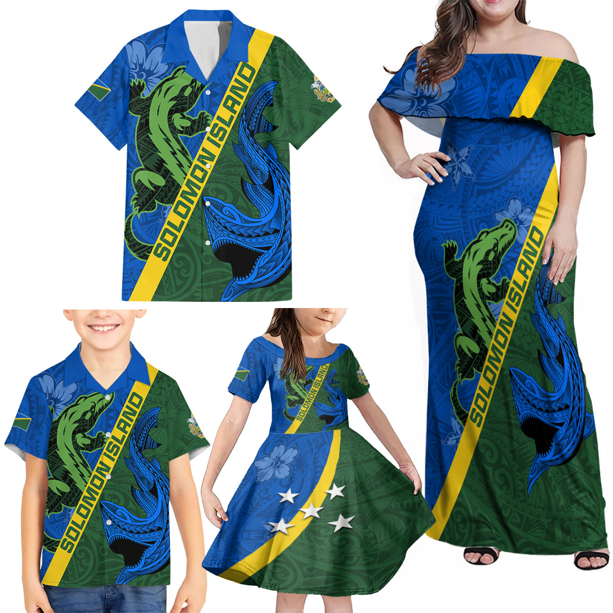 Solomon Island Crocodile and Shark Family Matching Off Shoulder Maxi Dress and Hawaiian Shirt Polynesian Pattern