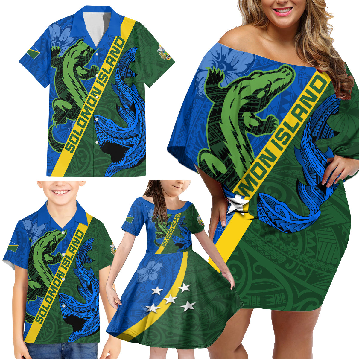 Solomon Island Crocodile and Shark Family Matching Off Shoulder Short Dress and Hawaiian Shirt Polynesian Pattern