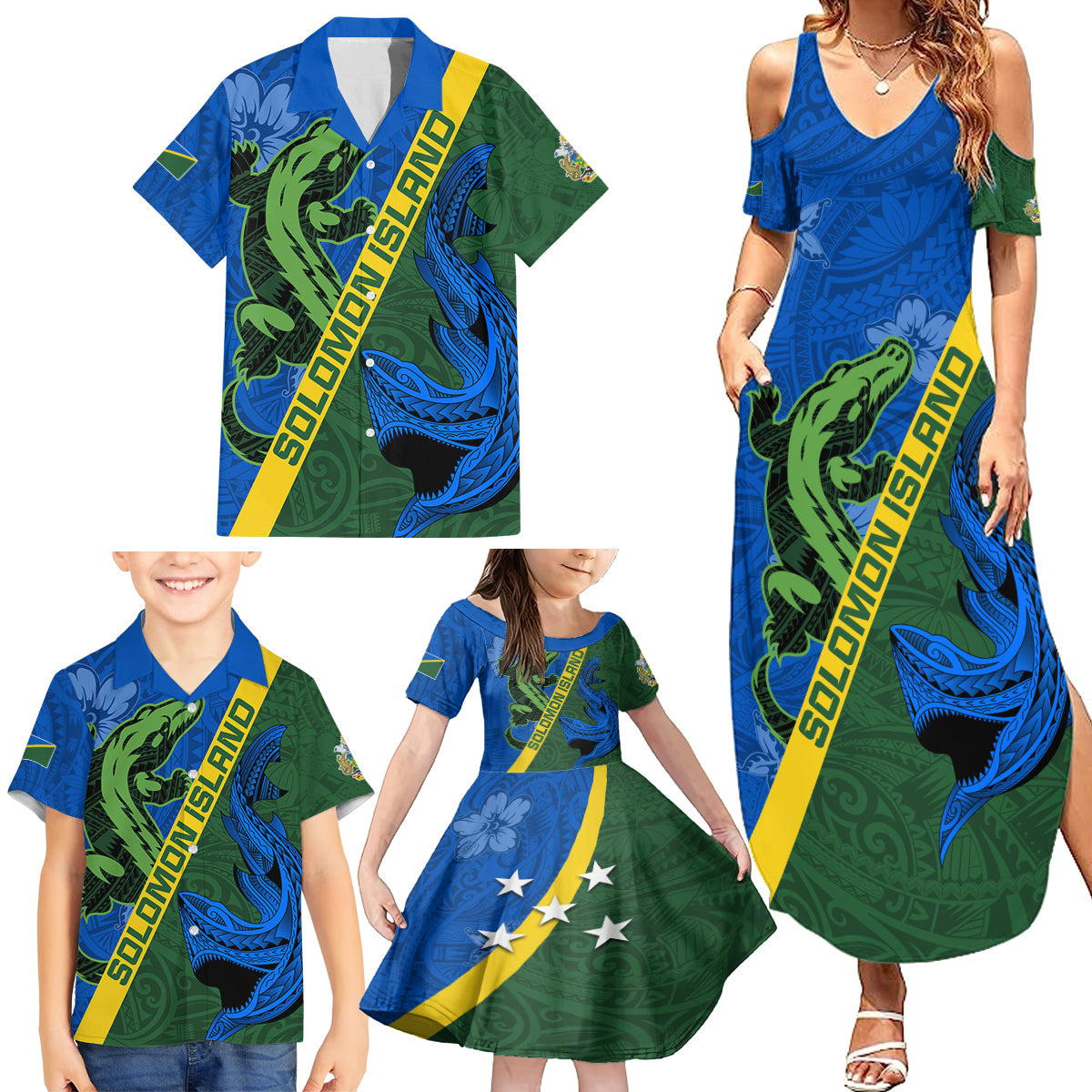 Solomon Island Crocodile and Shark Family Matching Summer Maxi Dress and Hawaiian Shirt Polynesian Pattern