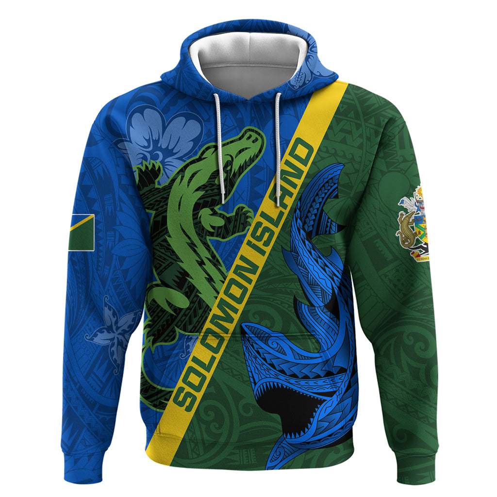 Solomon Island Crocodile and Shark Hoodie Polynesian Pattern LT03 Pullover Hoodie Blue - Polynesian Pride