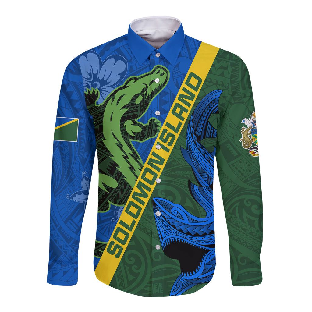 Solomon Island Crocodile and Shark Long Sleeve Button Shirt Polynesian Pattern LT03 Unisex Blue - Polynesian Pride