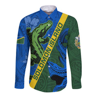 Solomon Island Crocodile and Shark Long Sleeve Button Shirt Polynesian Pattern LT03 Unisex Blue - Polynesian Pride