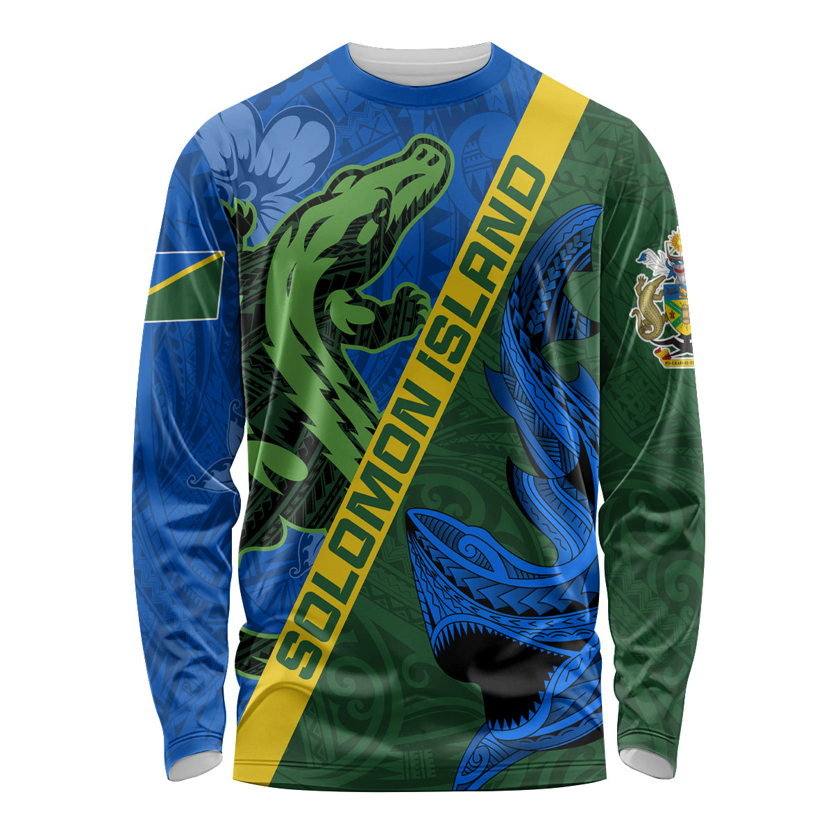 Solomon Island Crocodile and Shark Long Sleeve Shirt Polynesian Pattern LT03 Unisex Blue - Polynesian Pride