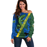 Solomon Island Crocodile and Shark Off Shoulder Sweater Polynesian Pattern LT03 Women Blue - Polynesian Pride