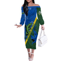 Solomon Island Crocodile and Shark Off The Shoulder Long Sleeve Dress Polynesian Pattern LT03 Women Blue - Polynesian Pride