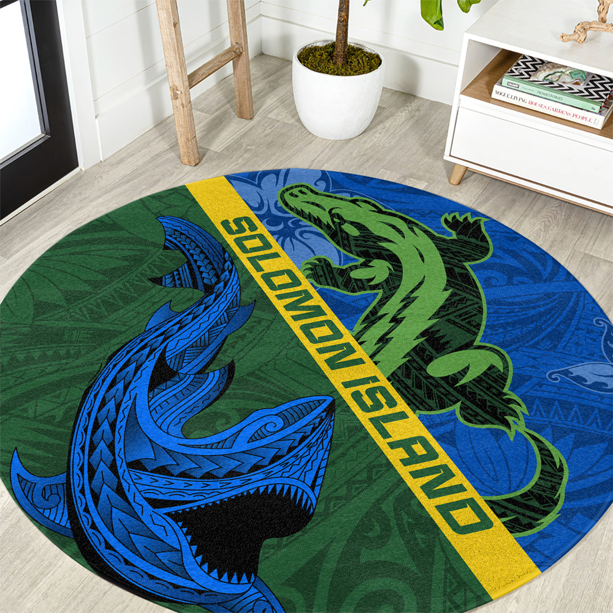 Solomon Island Crocodile and Shark Round Carpet Polynesian Pattern LT03 Blue - Polynesian Pride