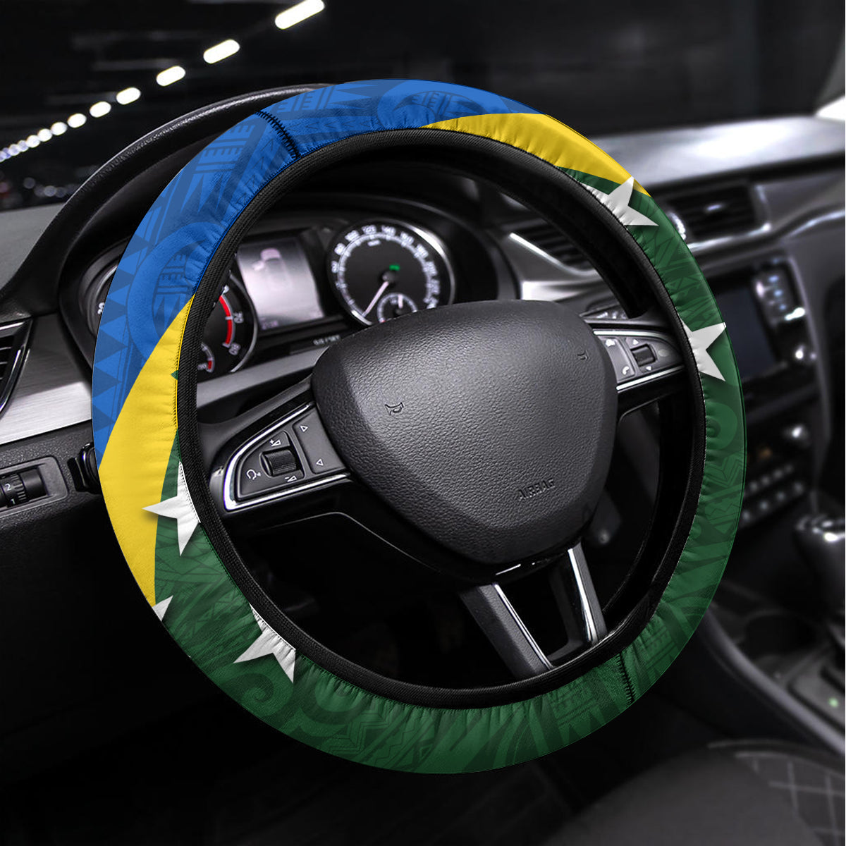 Solomon Island Crocodile and Shark Steering Wheel Cover Polynesian Pattern LT03 Universal Fit Blue - Polynesian Pride