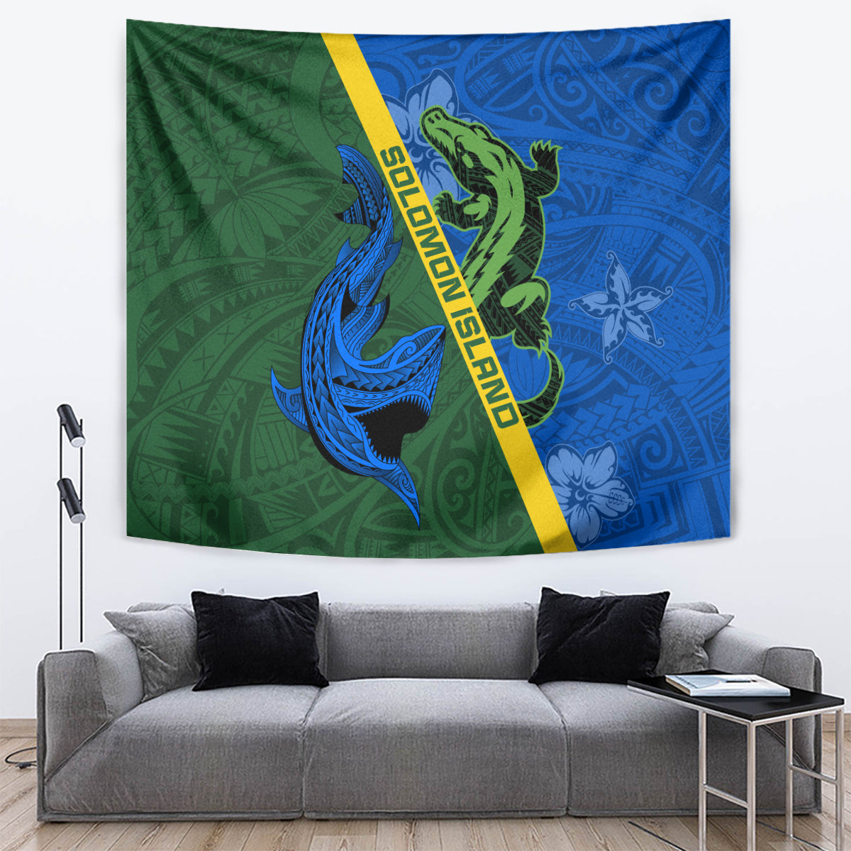 Solomon Island Crocodile and Shark Tapestry Polynesian Pattern LT03 Blue - Polynesian Pride
