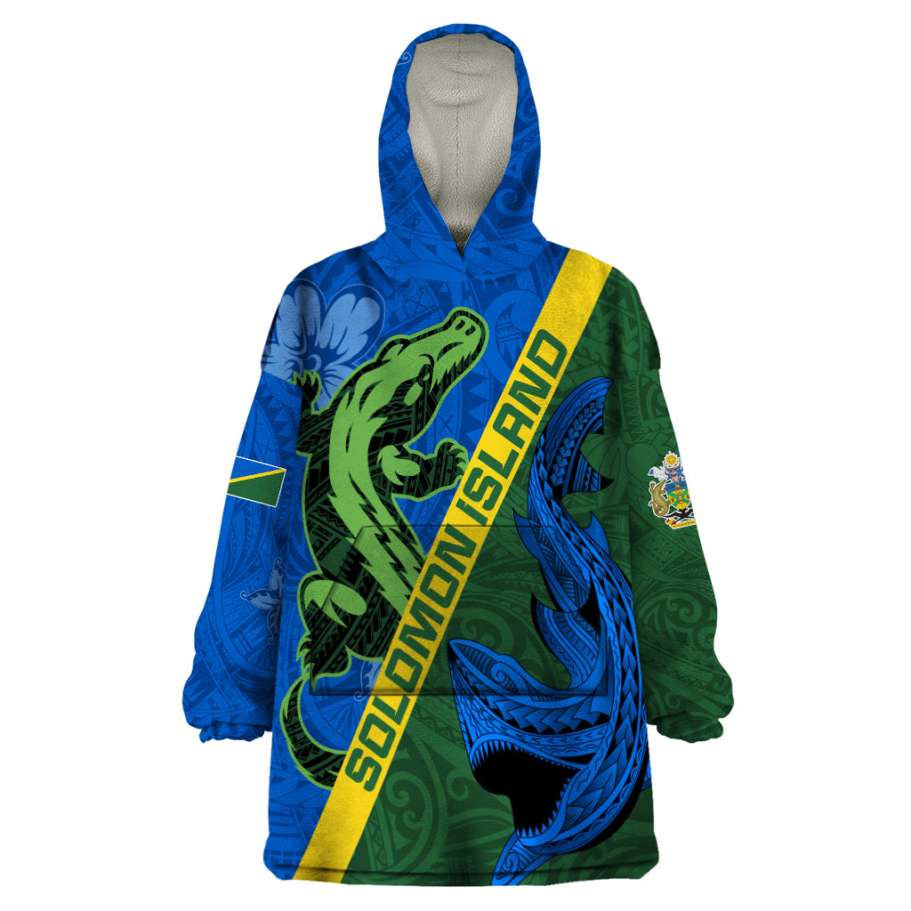 Solomon Island Crocodile and Shark Wearable Blanket Hoodie Polynesian Pattern LT03 One Size Blue - Polynesian Pride