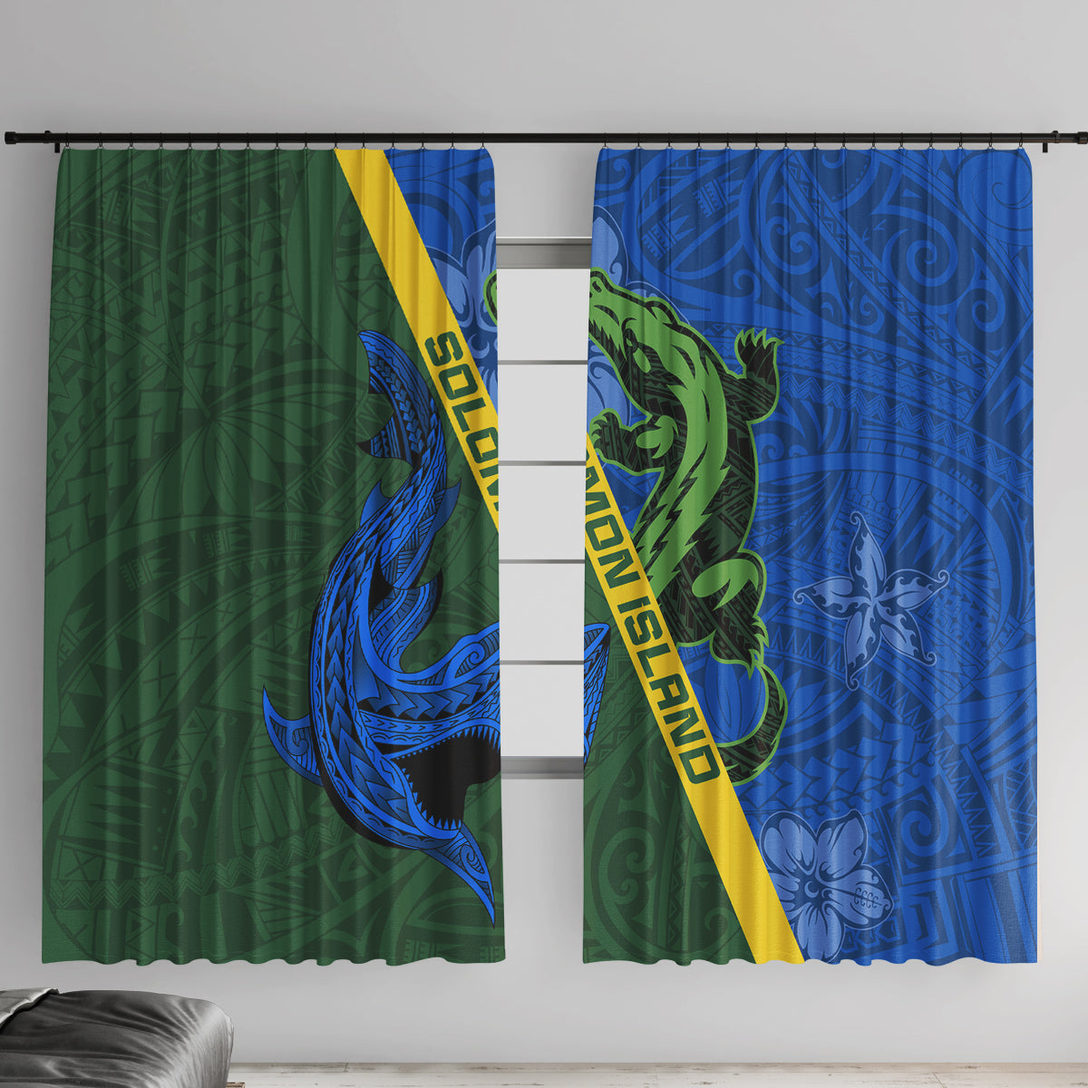 Solomon Island Crocodile and Shark Window Curtain Polynesian Pattern LT03 With Hooks Blue - Polynesian Pride