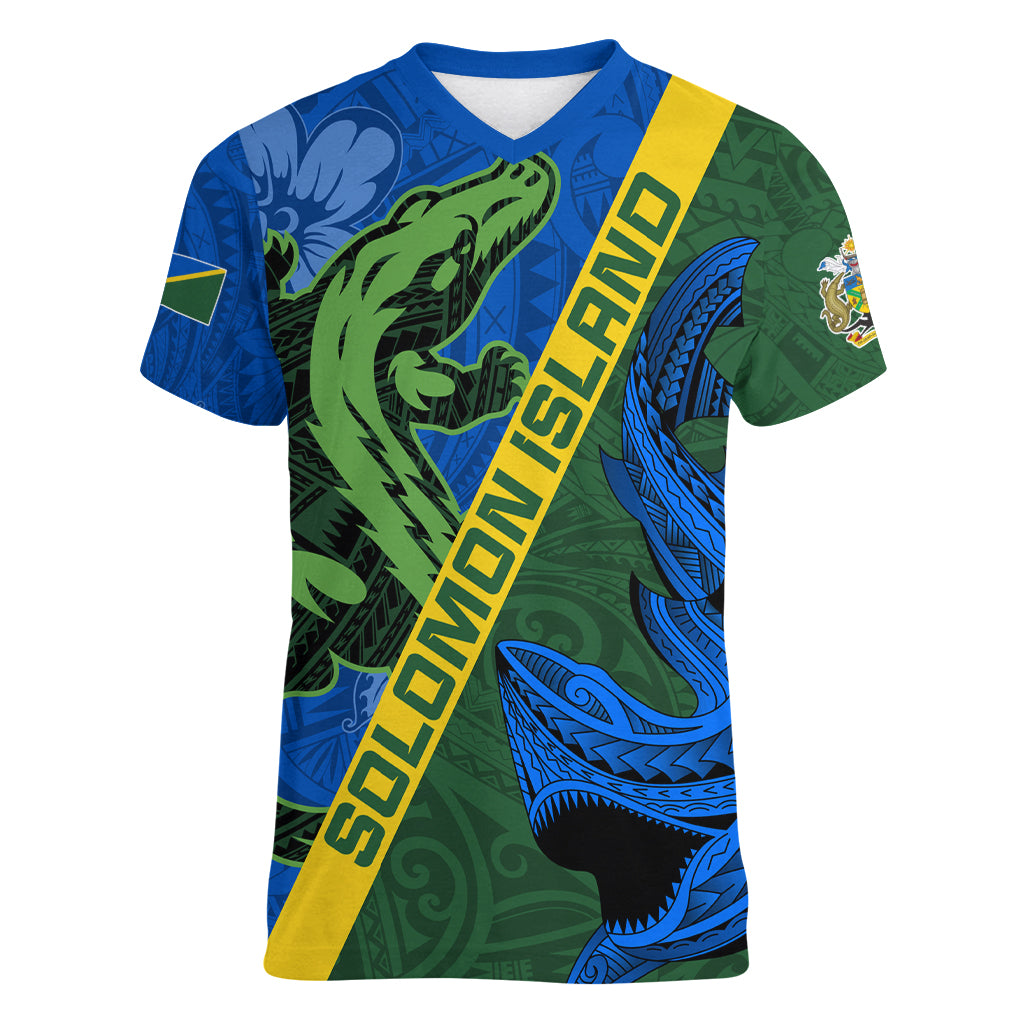 Solomon Island Crocodile and Shark Women V-Neck T-Shirt Polynesian Pattern