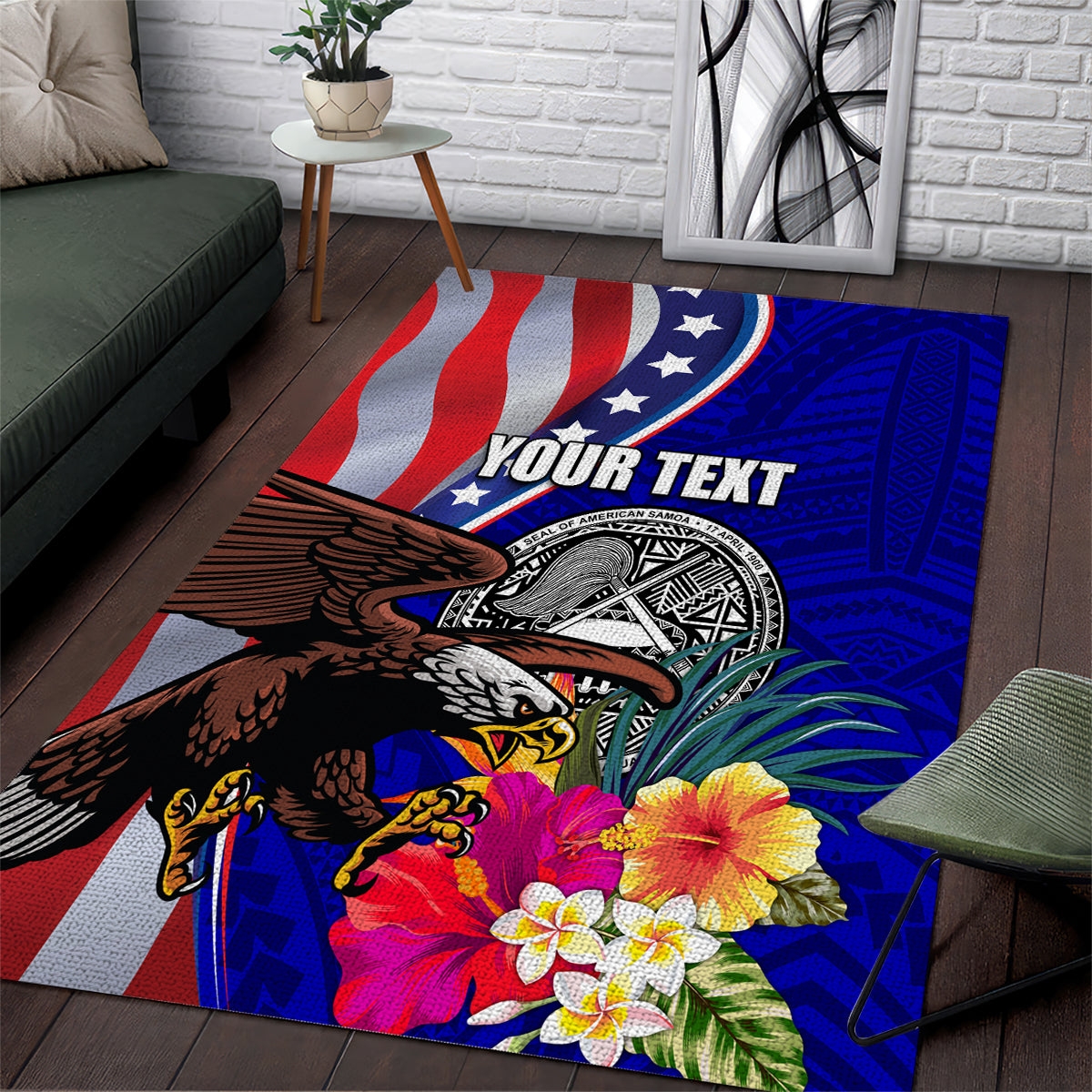 Personalised American Samoa and United States Area Rug Bald Eagle and Seal Hibiscus Polynesian Pattern LT03 Blue - Polynesian Pride