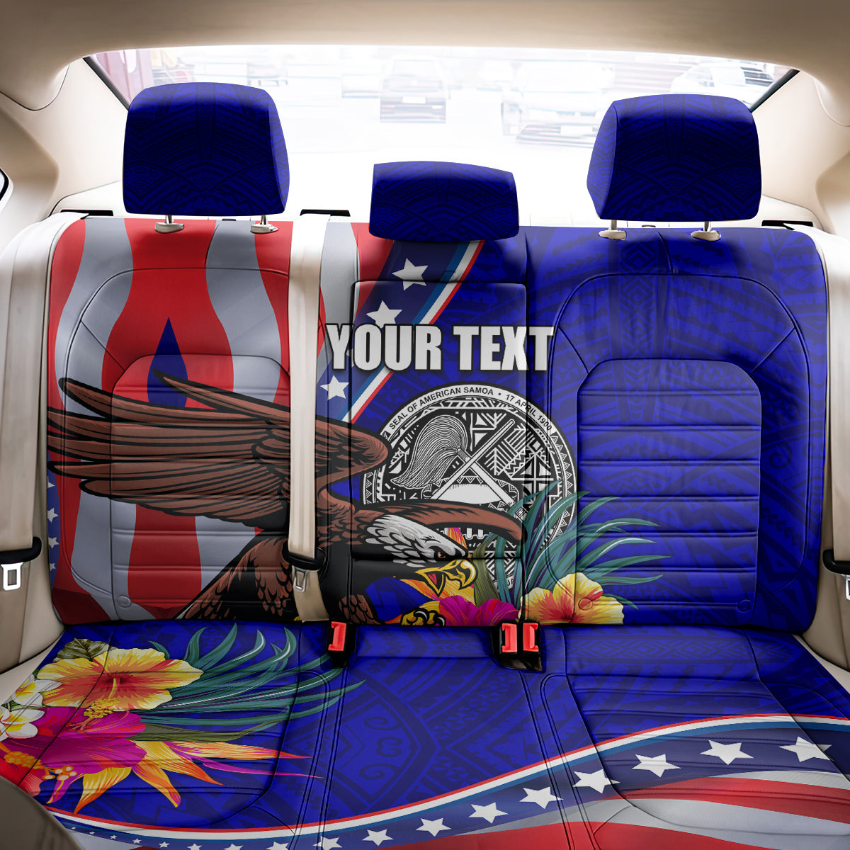 Personalised American Samoa and United States Back Car Seat Cover Bald Eagle and Seal Hibiscus Polynesian Pattern LT03 - Polynesian Pride