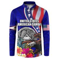 Personalised American Samoa and United States Button Sweatshirt Bald Eagle and Seal Hibiscus Polynesian Pattern LT03 Blue - Polynesian Pride