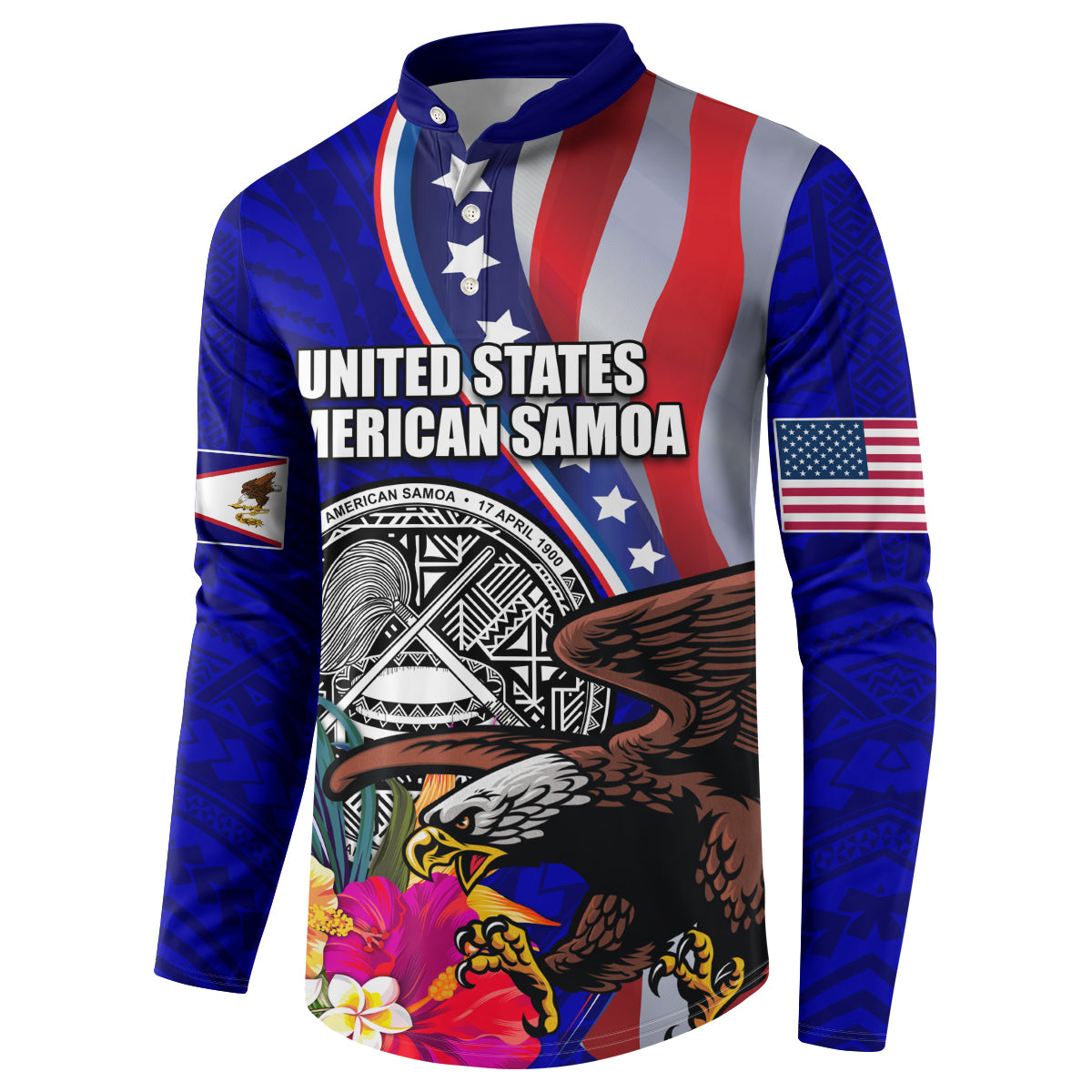 Personalised American Samoa and United States Button Sweatshirt Bald Eagle and Seal Hibiscus Polynesian Pattern LT03 - Polynesian Pride