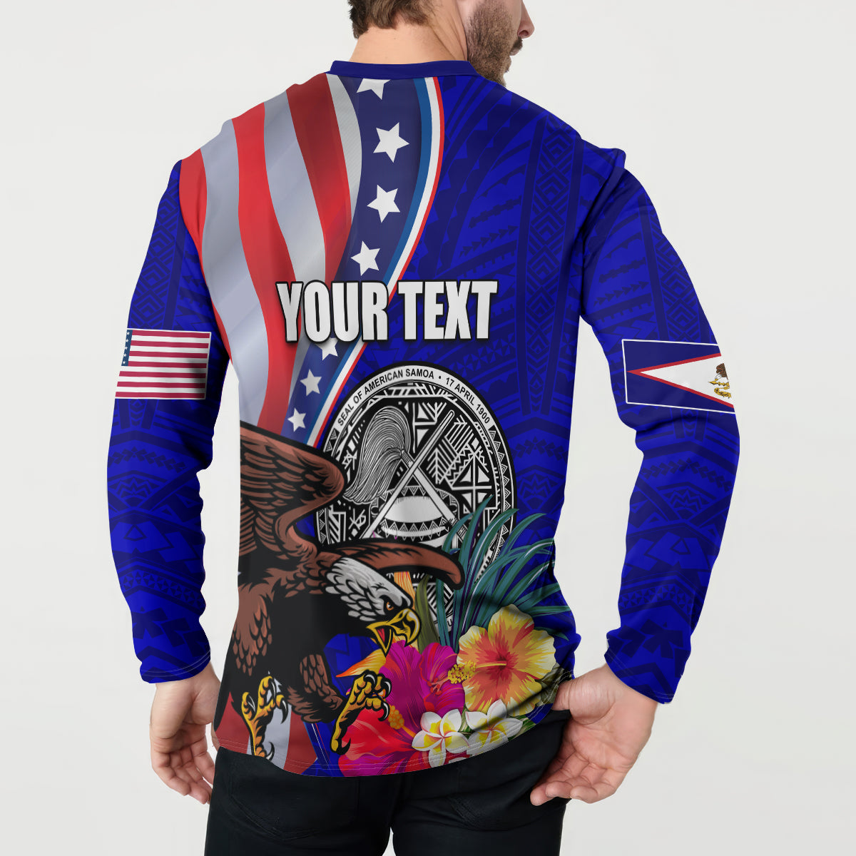 Personalised American Samoa and United States Button Sweatshirt Bald Eagle and Seal Hibiscus Polynesian Pattern LT03 - Polynesian Pride