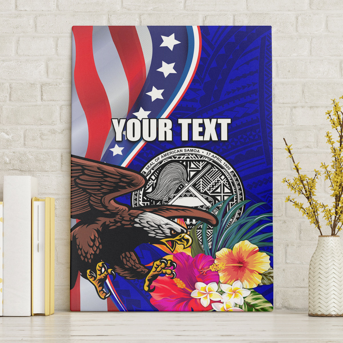 Personalised American Samoa and United States Canvas Wall Art Bald Eagle and Seal Hibiscus Polynesian Pattern LT03 Without Frame Blue - Polynesian Pride
