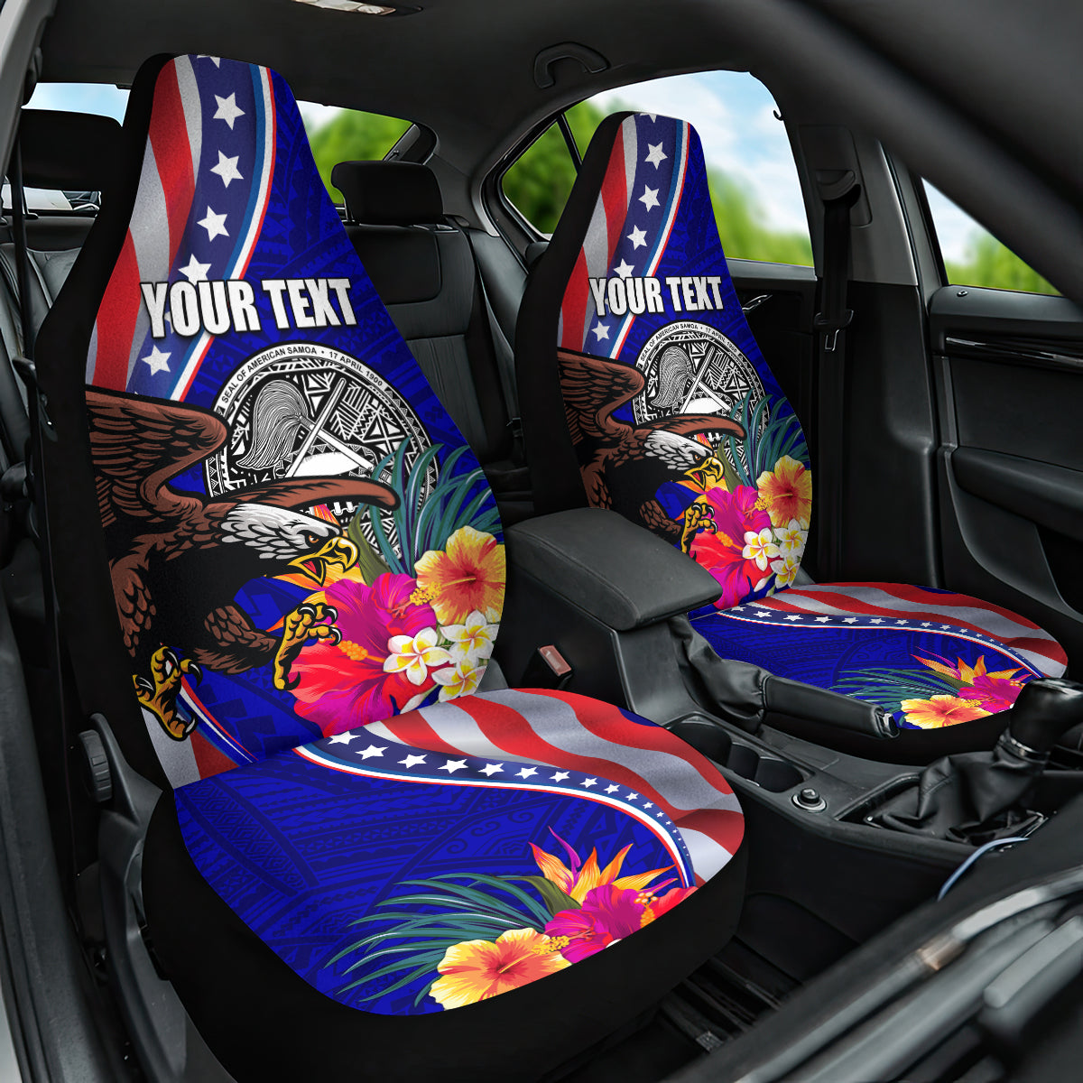 Personalised American Samoa and United States Car Seat Cover Bald Eagle and Seal Hibiscus Polynesian Pattern LT03 One Size Blue - Polynesian Pride