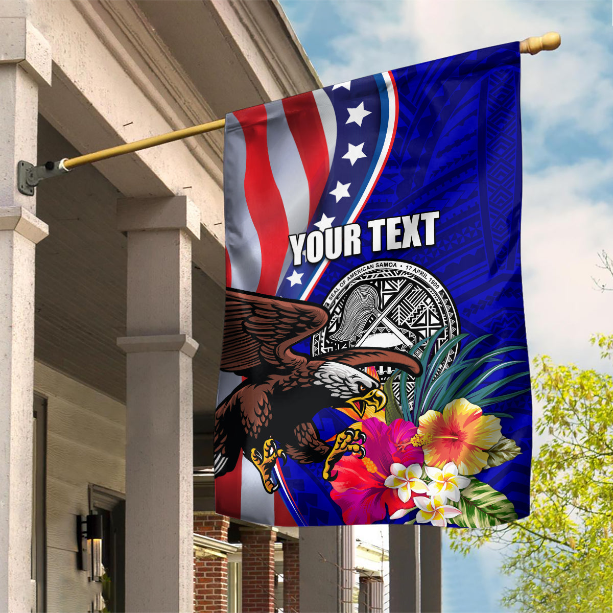 Personalised American Samoa and United States Garden Flag Bald Eagle and Seal Hibiscus Polynesian Pattern LT03 House Flag Blue - Polynesian Pride